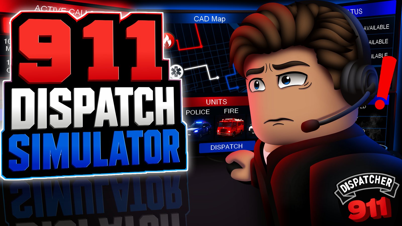 911 Dispatch Simulator key art — a Roblox dispatcher wearing a headset in front of the CAD console