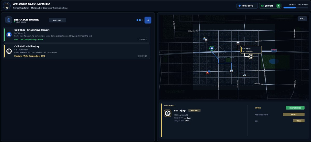 In-game dispatch dashboard — live call board, city map, and CAD incident details