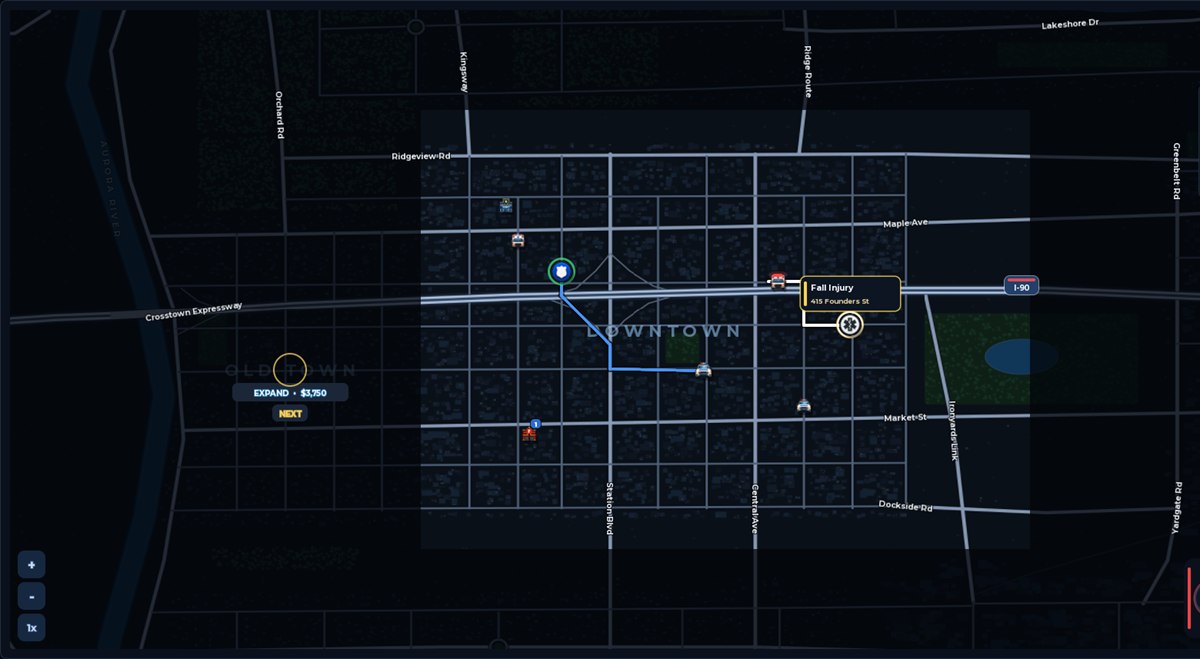 In-game CAD map of Meridian Bay with a unit routing to a medical call