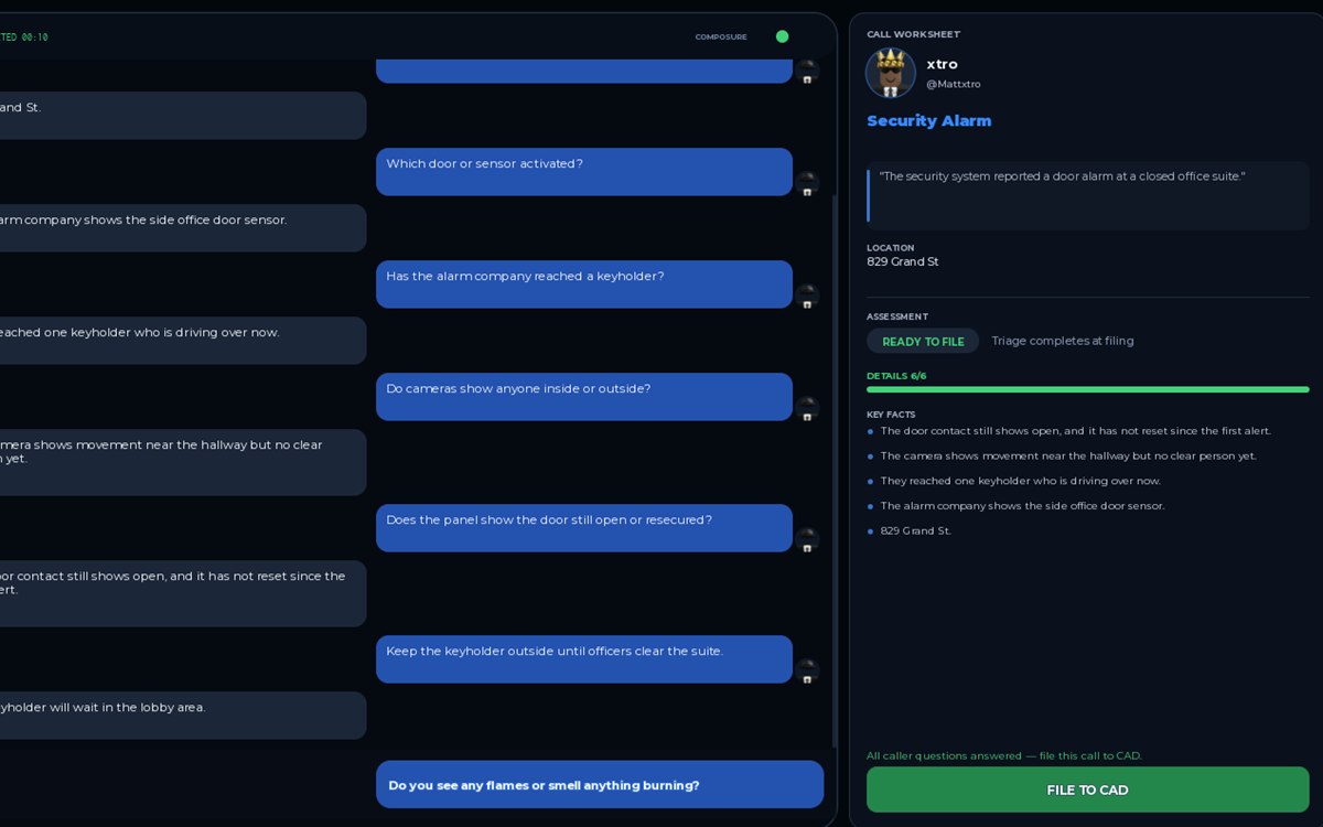 In-game call triage — questioning a caller live and filing the worksheet to CAD